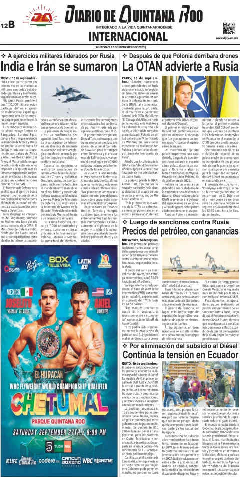 Portada de Diario de Quintana Roo (contra Portada)