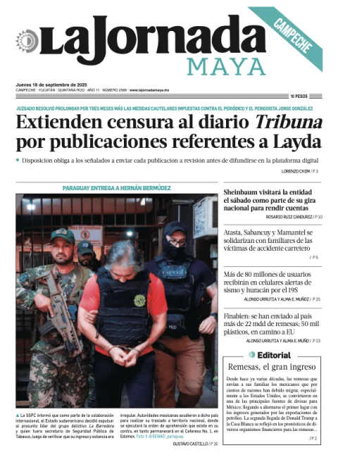 Portada de La Jornada Maya Campeche del jueves, 18 de septiembre de 2025