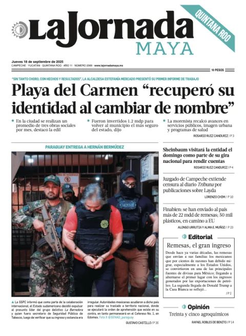 Portada de La Jornada Maya Quintana Roo del jueves, 18 de septiembre de 2025