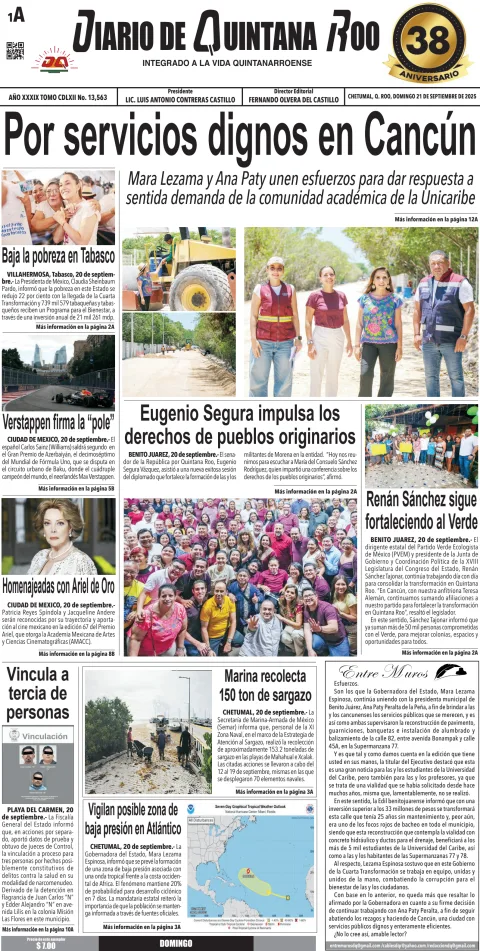 Portada de Diario de Quintana Roo (portada) del domingo, 21 de septiembre de 2025