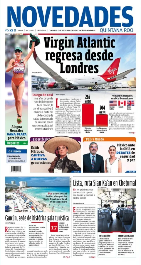 Portada de Novedades Quintana Roo del domingo, 21 de septiembre de 2025