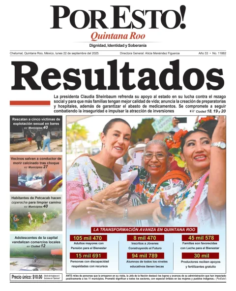 Portada de Por Esto (quintana Roo Chetumal) del lunes, 22 de septiembre de 2025