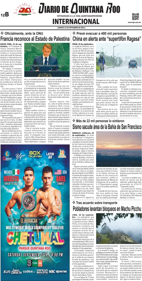 Portada de Diario de Quintana Roo (contra Portada)