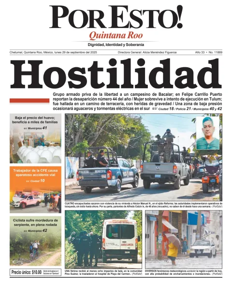 Portada de Por Esto (quintana Roo Chetumal) del lunes, 29 de septiembre de 2025