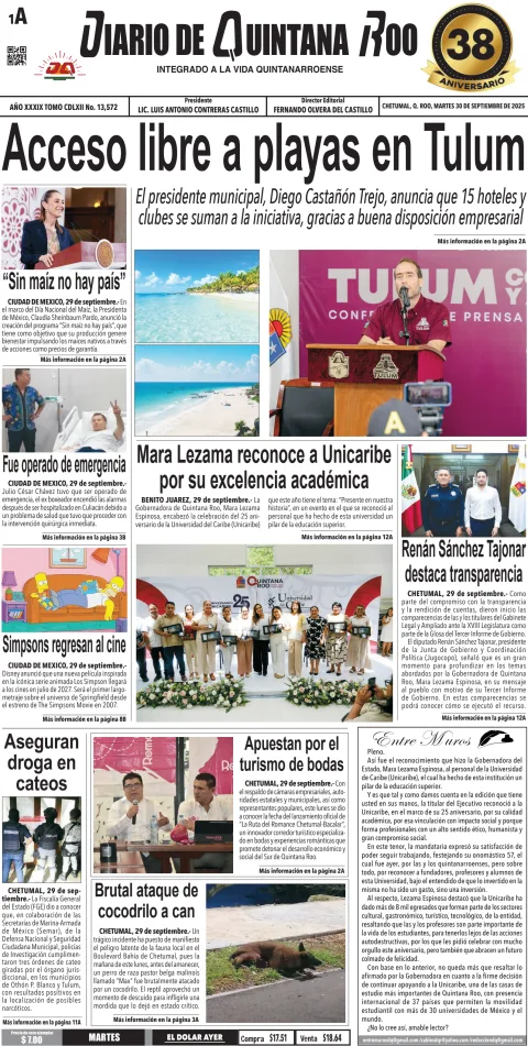 Portada de Diario de Quintana Roo (portada)