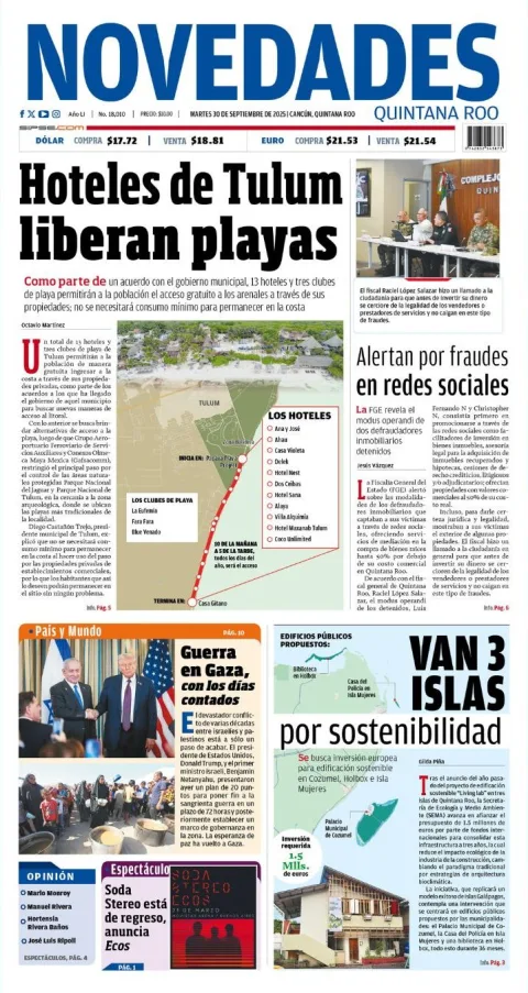 Portada de Novedades Quintana Roo del martes, 30 de septiembre de 2025