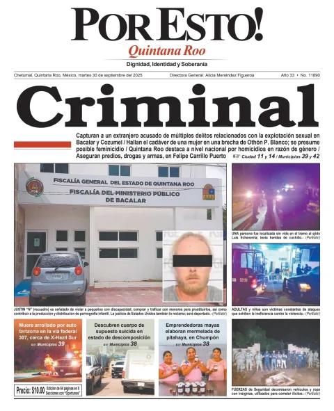 Portada de Por Esto (quintana Roo Chetumal) del martes, 30 de septiembre de 2025