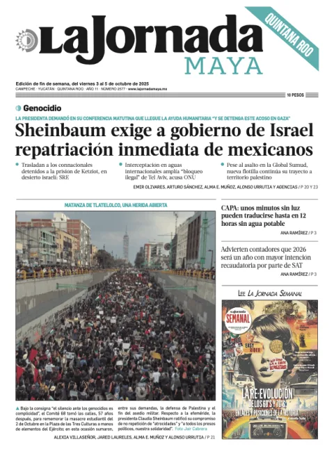 Portada de La Jornada Maya Quintana Roo del viernes, 3 de octubre de 2025