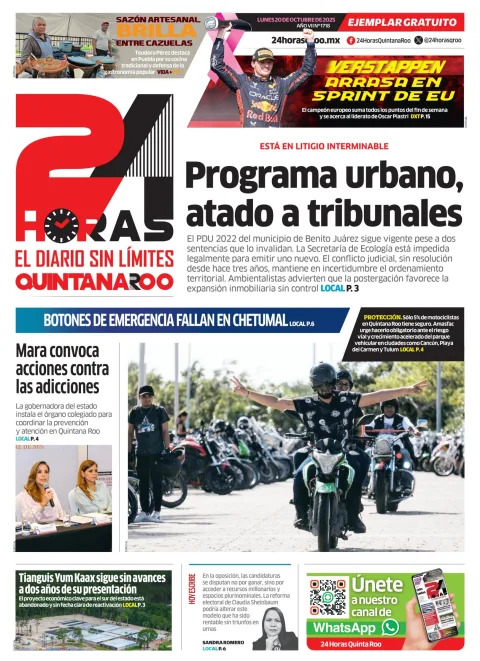 Portada de 24 Horas Quintana Roo del lunes, 20 de octubre de 2025
