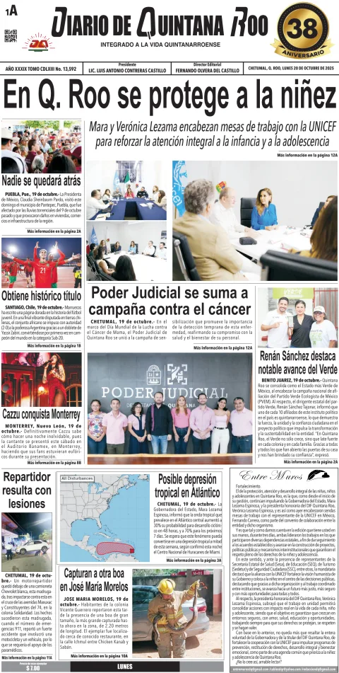 Portada de Diario de Quintana Roo (portada) del lunes, 20 de octubre de 2025