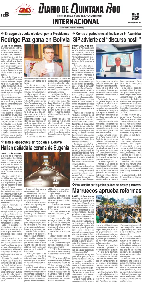 Portada de Diario de Quintana Roo (contra Portada) del lunes, 20 de octubre de 2025