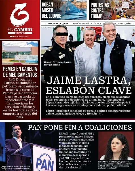 Portada de En Cambio - Tabasco (portada) del lunes, 20 de octubre de 2025