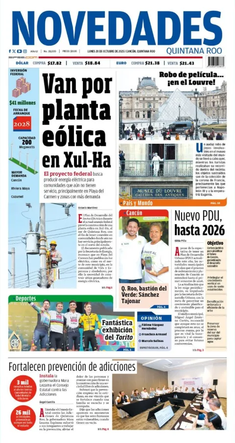 Portada de Novedades Quintana Roo del lunes, 20 de octubre de 2025