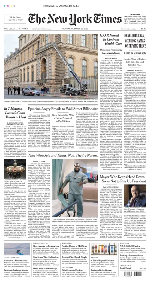 Portada de The New York Times del lunes, 20 de octubre de 2025