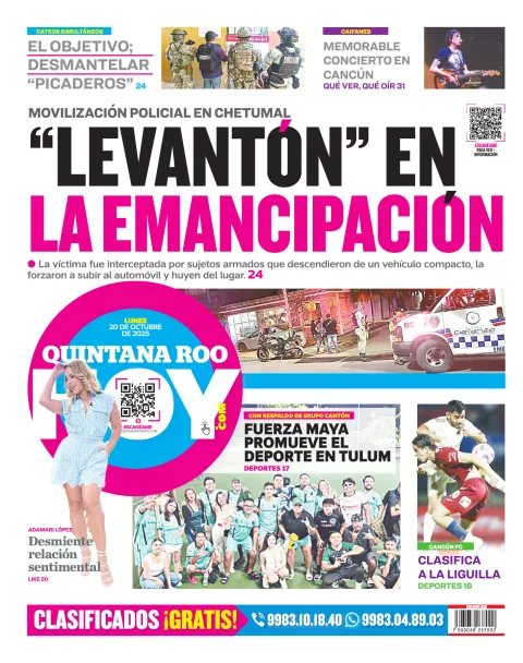 Portada de Quintana Roo Hoy (contraportada) del lunes, 20 de octubre de 2025