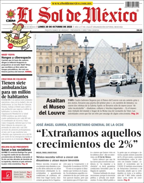 Portada de El Sol de Mexico del lunes, 20 de octubre de 2025