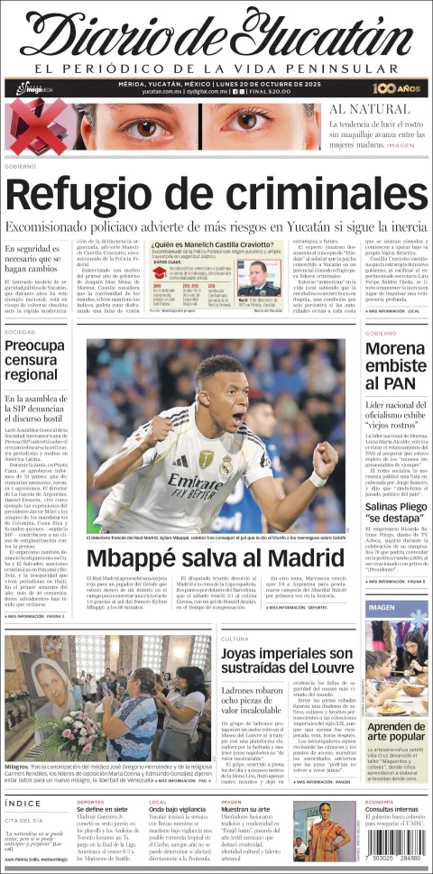 Portada de Diario de Yucatán del lunes, 20 de octubre de 2025