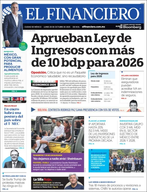 Portada de El Financiero del lunes, 20 de octubre de 2025