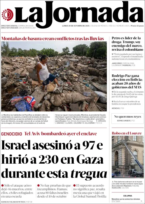 Portada de La Jornada del lunes, 20 de octubre de 2025