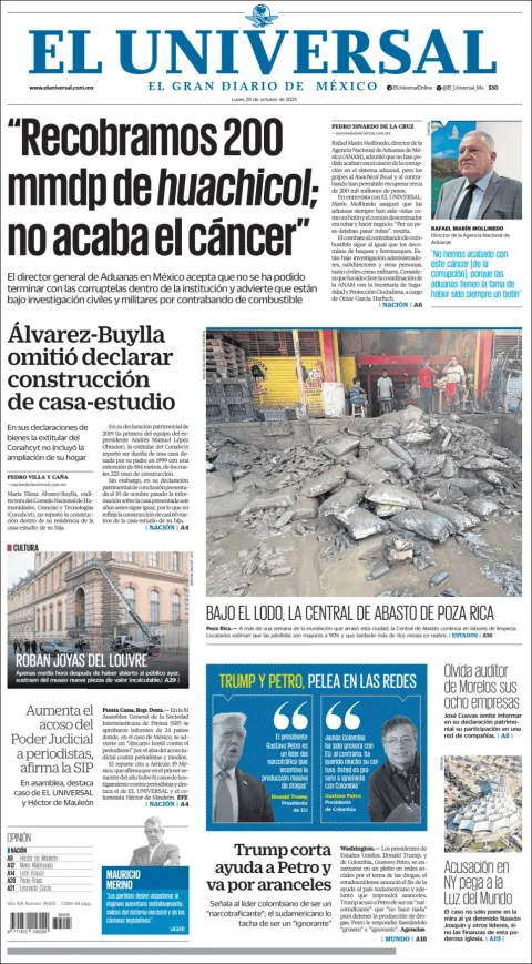 Portada de El Universal del lunes, 20 de octubre de 2025