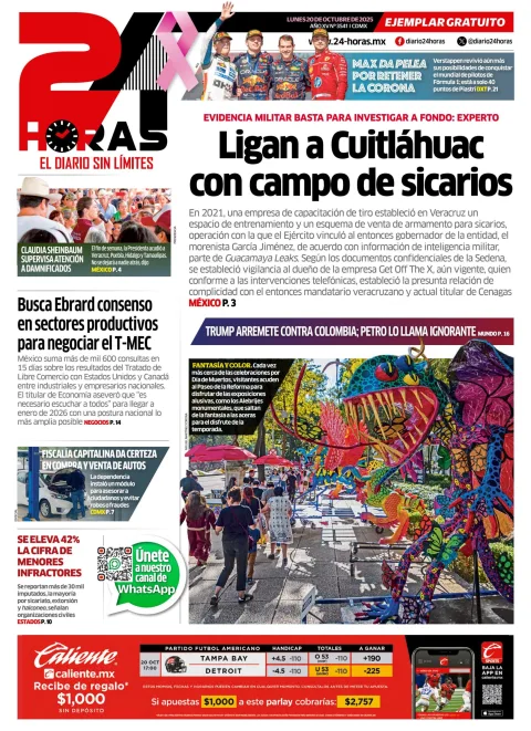 Portada de 24 Horas del lunes, 20 de octubre de 2025
