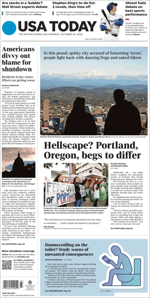 Portada de Usa Today del lunes, 20 de octubre de 2025