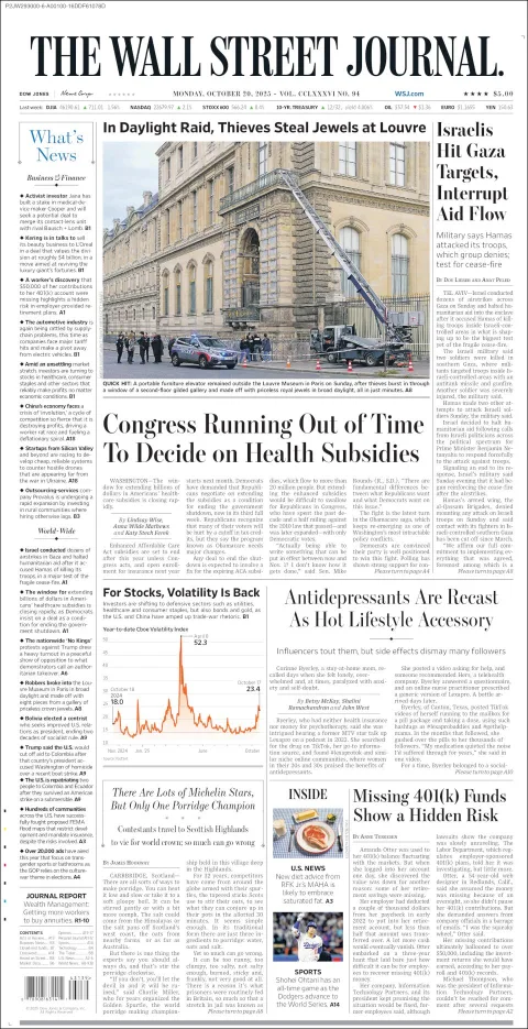 Portada de The Wall Street Journal del lunes, 20 de octubre de 2025