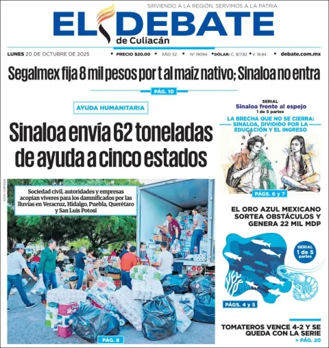 Portada de El Debate de Culiacan del lunes, 20 de octubre de 2025