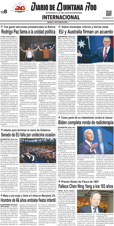 Portada de Diario de Quintana Roo (contra Portada)