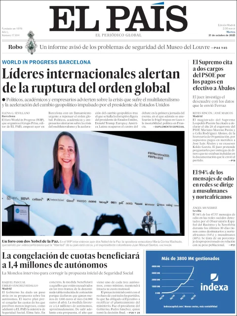 Portada de El Pais del martes, 21 de octubre de 2025