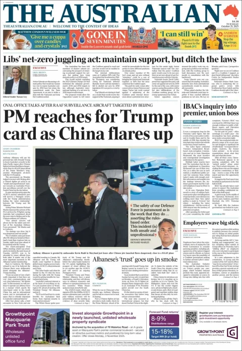 Portada de The Australian del martes, 21 de octubre de 2025