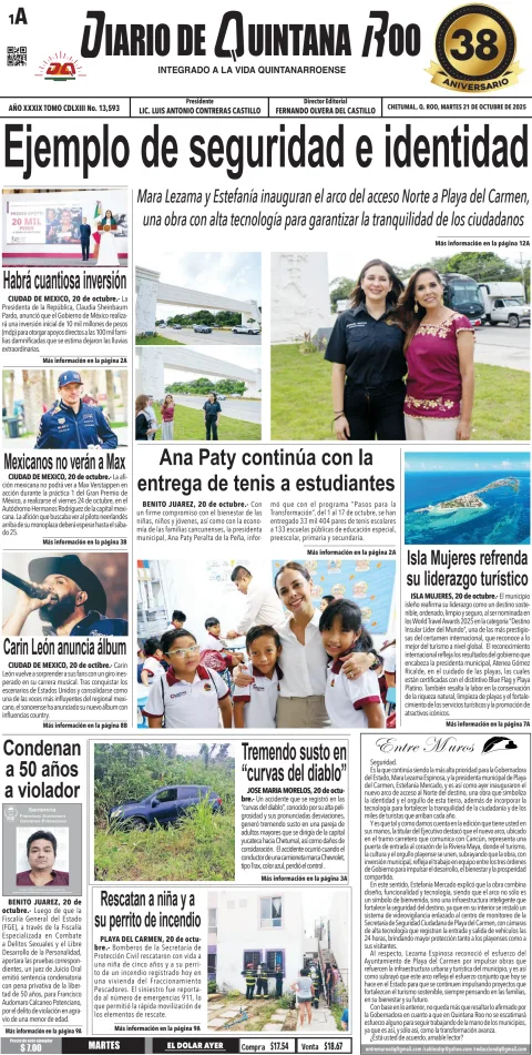 Portada de Diario de Quintana Roo (portada) del martes, 21 de octubre de 2025