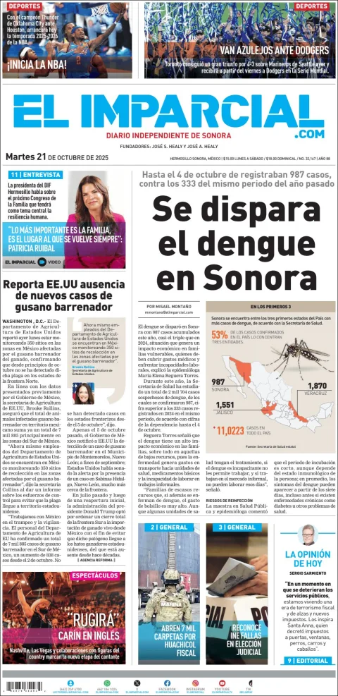 Portada de El Imparcial del martes, 21 de octubre de 2025