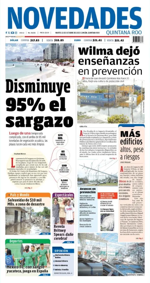 Portada de Novedades Quintana Roo del martes, 21 de octubre de 2025