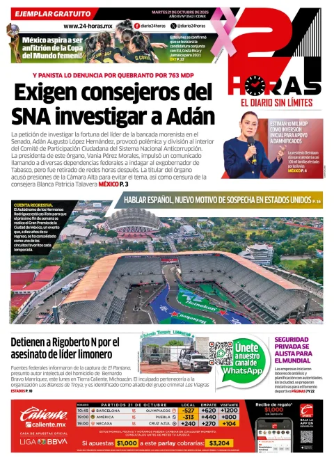 Portada de 24 Horas del martes, 21 de octubre de 2025