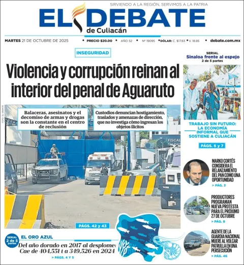 Portada de El Debate de Culiacan del martes, 21 de octubre de 2025