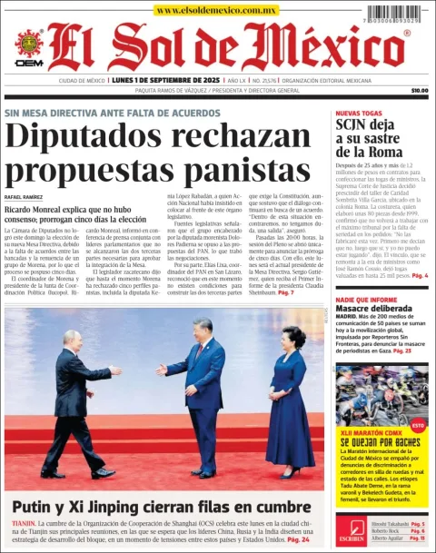 Portada de El Sol de Mexico del lunes, 1 de septiembre de 2025