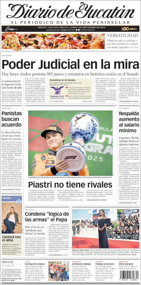 Portada de Diario de Yucatán del lunes, 1 de septiembre de 2025