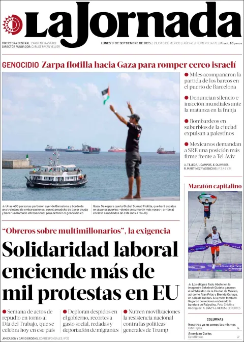 Portada de La Jornada del lunes, 1 de septiembre de 2025