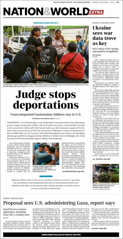 Portada de Usa Today del lunes, 1 de septiembre de 2025