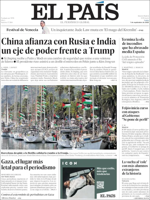 Portada de El Pais del lunes, 1 de septiembre de 2025