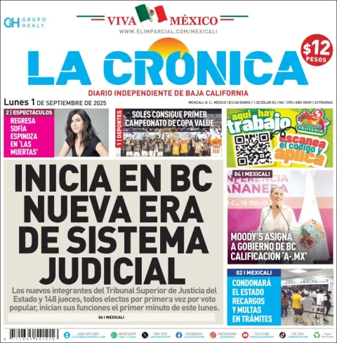 Portada de La Cronica del lunes, 1 de septiembre de 2025