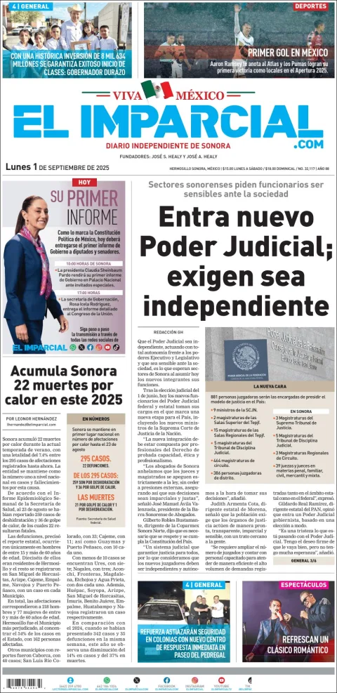 Portada de El Imparcial del lunes, 1 de septiembre de 2025