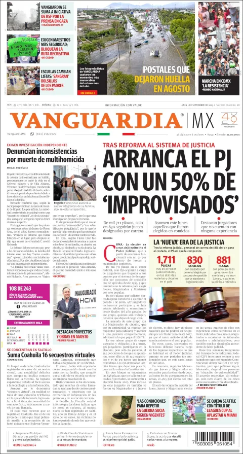 Portada de Vanguardia del lunes, 1 de septiembre de 2025