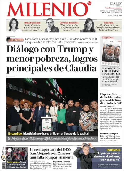 Portada de Milenio Puebla del lunes, 1 de septiembre de 2025
