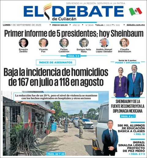 Portada de El Debate de Culiacan del lunes, 1 de septiembre de 2025