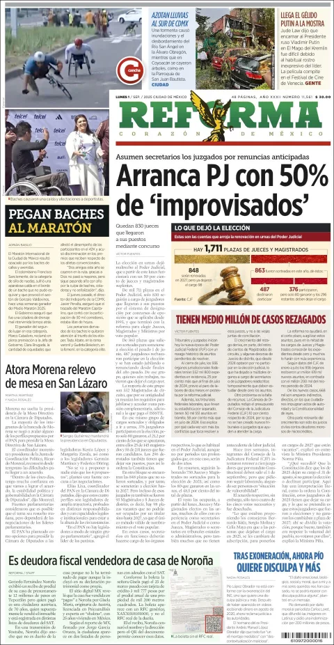 Portada de Reforma del lunes, 1 de septiembre de 2025