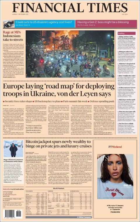Portada de Financial Times del lunes, 1 de septiembre de 2025