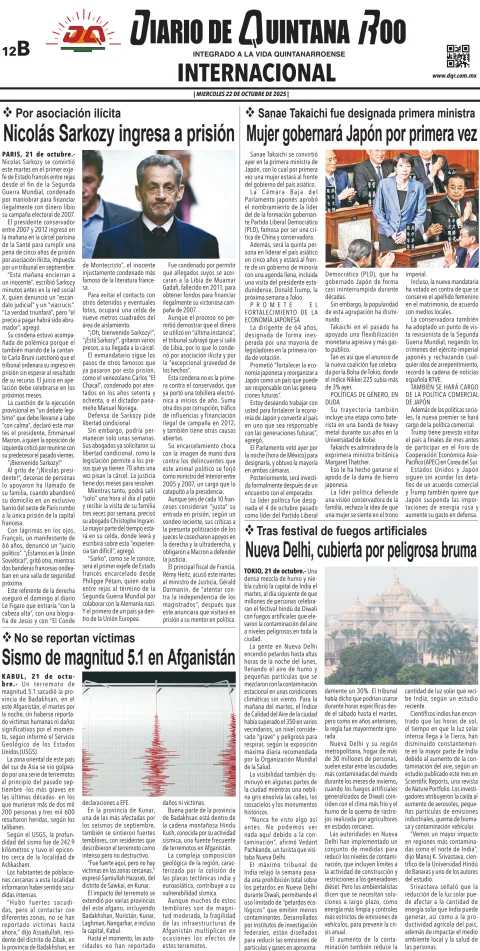 Portada de Diario de Quintana Roo (contra Portada)