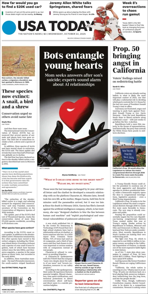 Portada de Usa Today del miércoles, 22 de octubre de 2025